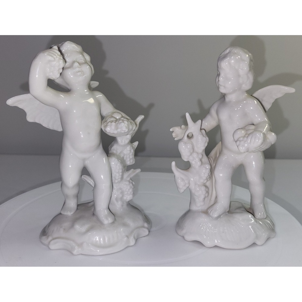 Dresden Porcelain Cherub Figurines White Glazed Grape Harvest Putti Set of 2 Vtg